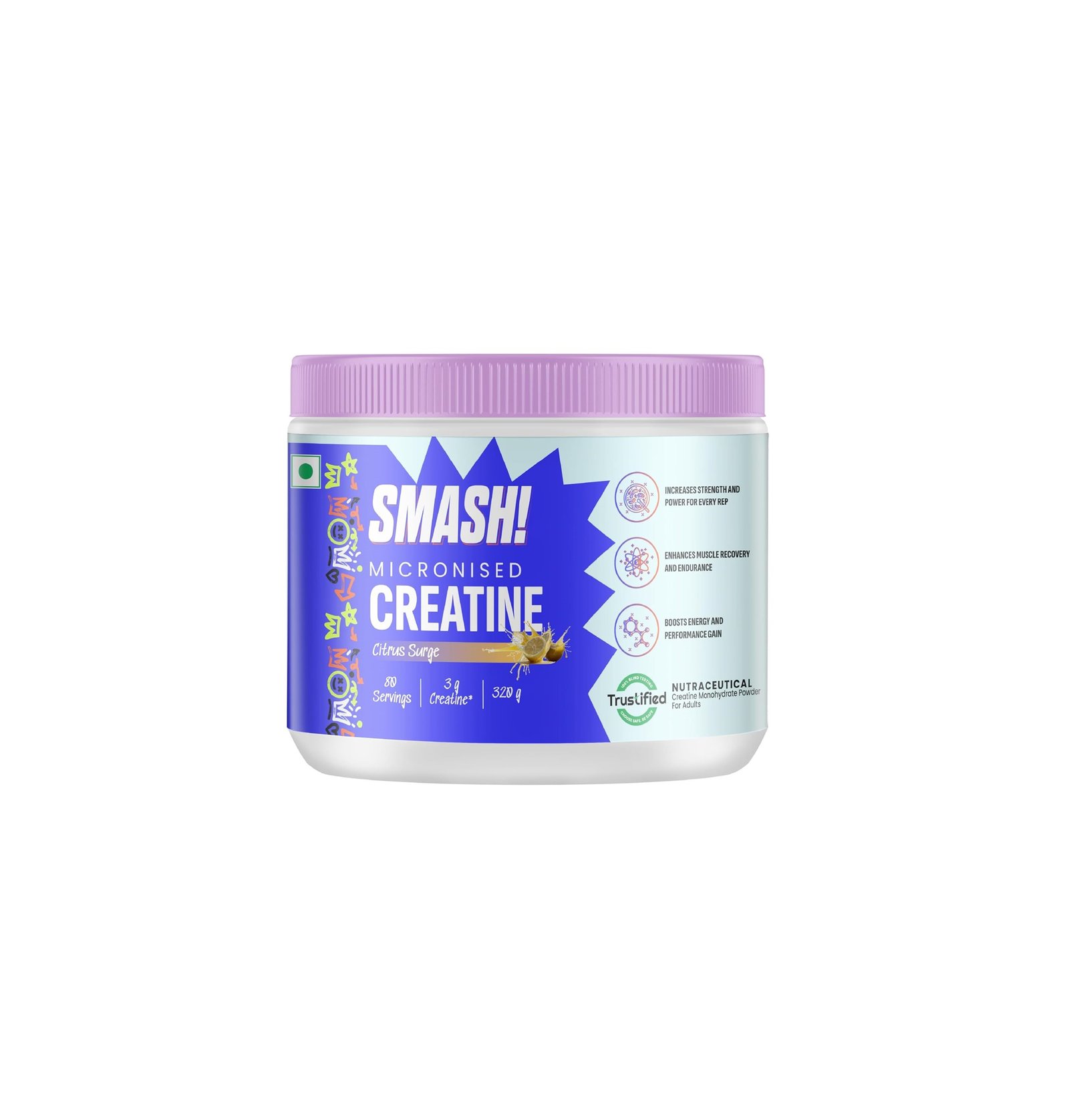 SMASH Micronised Creatine Monohydrate Powder, Citrus Surge (80 Servings, 320g)