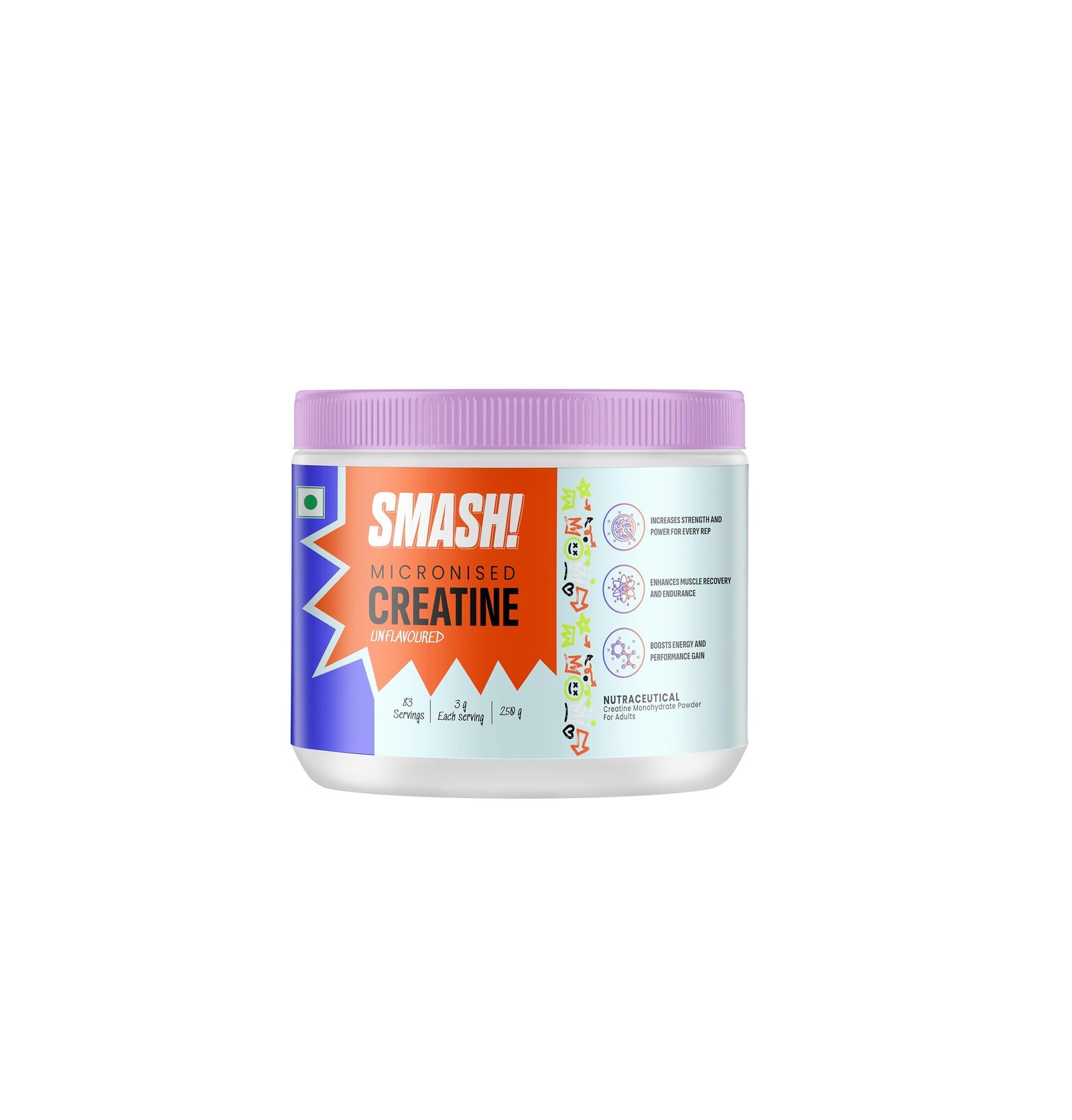 SMASH Micronised Creatine Monohydrate Powder, Unflavoured (83 Servings, 250g)