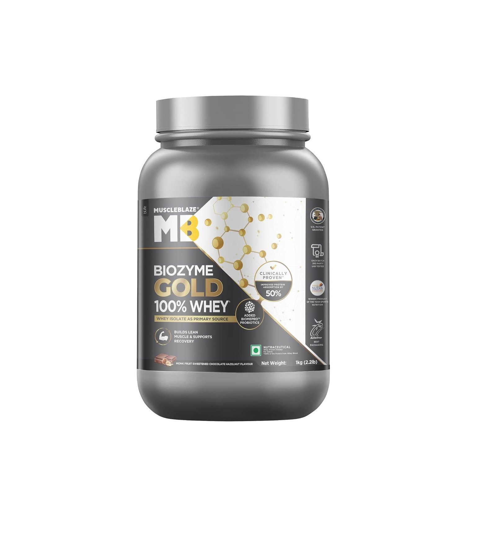 MuscleBlaze Biozyme Gold 100% Whey Protein (Monk Fruit Sweetened Chocolate Hazelnut, 1kg / 2.2 lb)