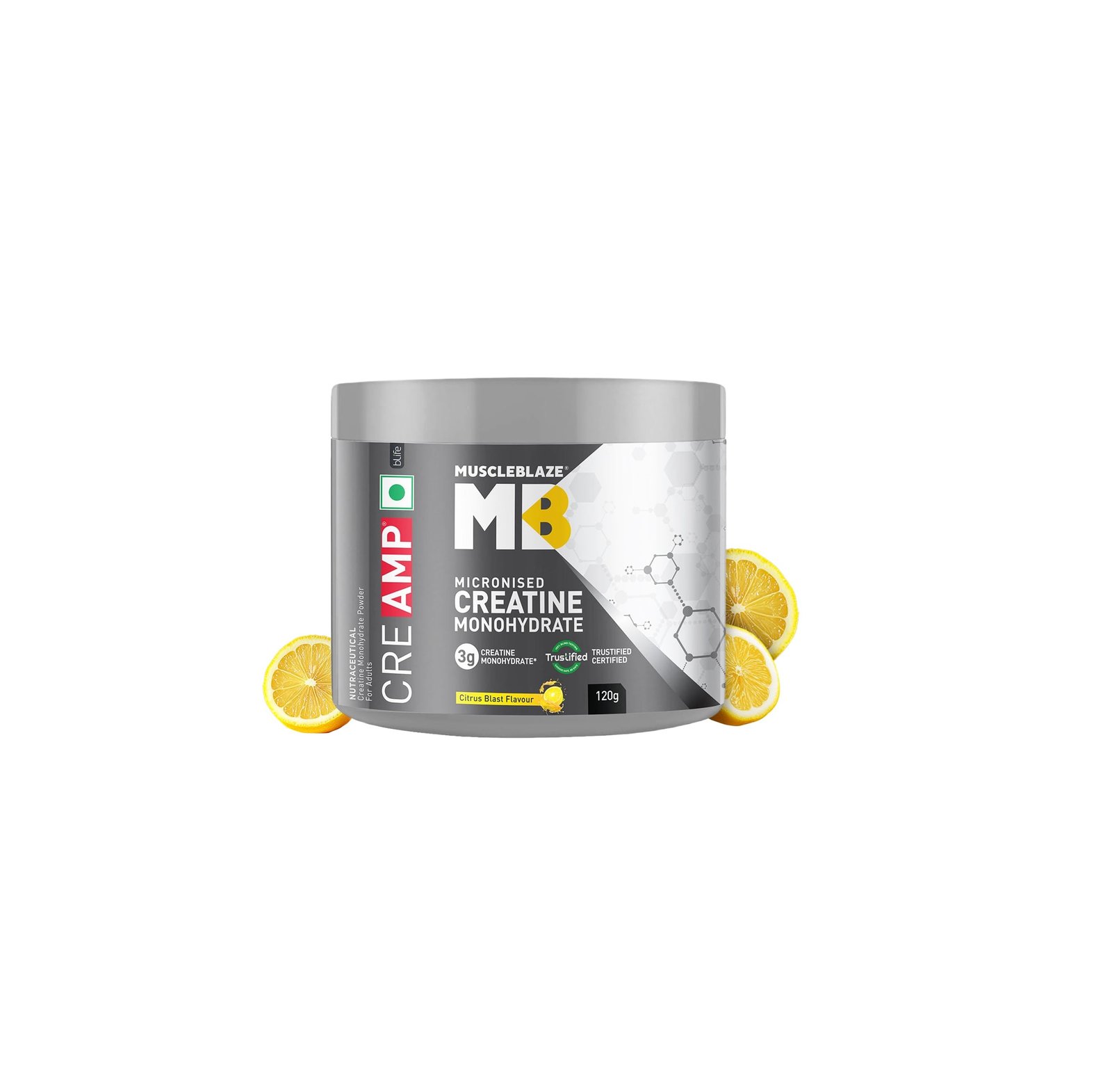 MuscleBlaze Micronised Creatine Monohydrate CreAMP Powder, Citrus Blast (30 Servings, 120g)
